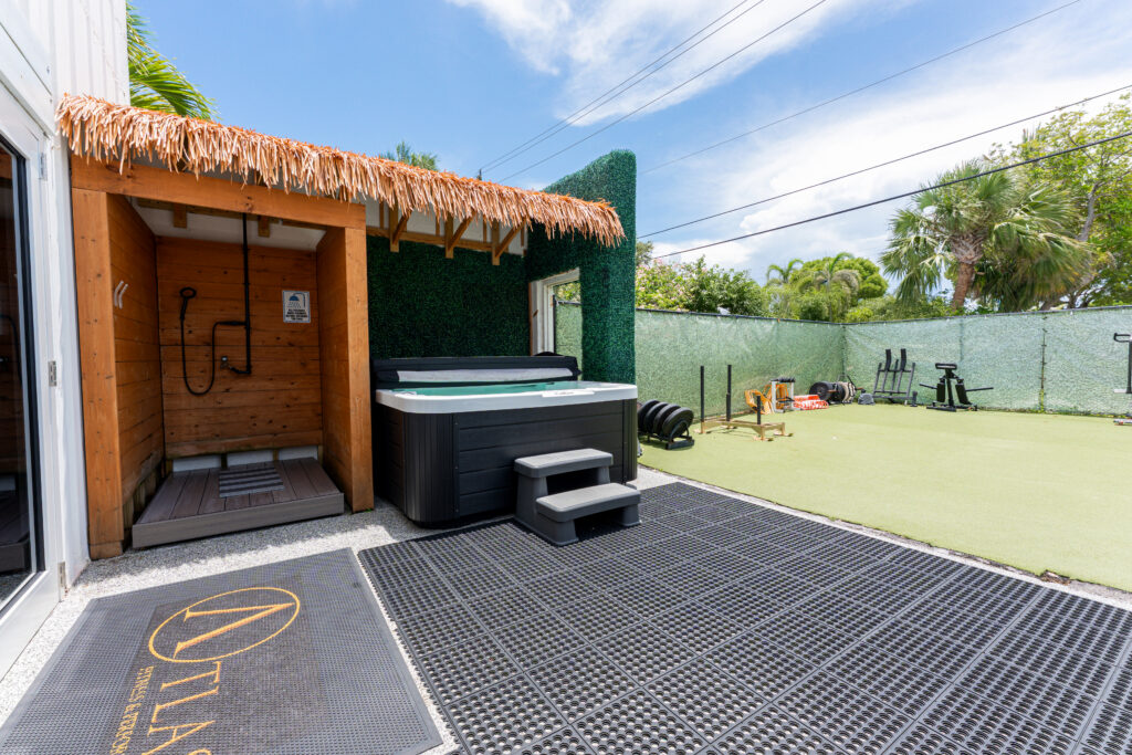 outdoor gym with hot tub